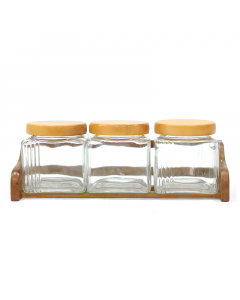 A set of spice boxes with a wooden stand