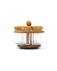 A set of spice boxes with a wooden stand