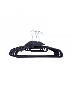 A set of 5 black plastic clothes hangers