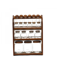 A set of spice boxes with a wooden stand