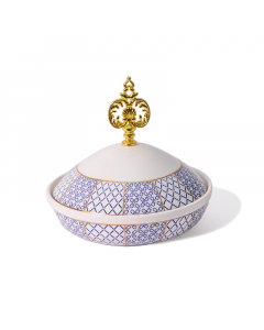 date bowl amid a blue inscription with a cover