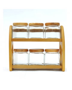 A set of spice boxes with a wooden stand