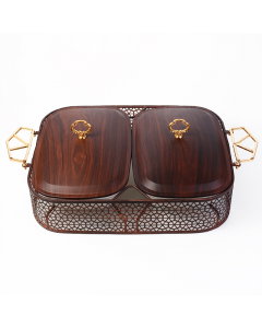 Porcelain serving tray with wooden decor, two pieces
