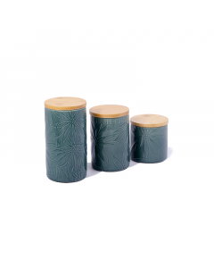 A set of 3-piece porcelain spice boxes with a wooden lid