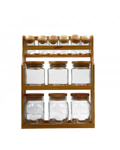 A set of spices cans with a wooden stand