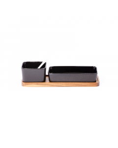 Porcelain serving set, wooden stand, 2 pieces