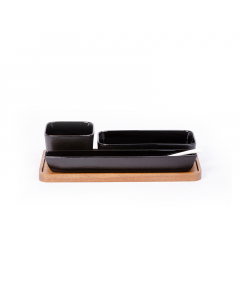Porcelain serving set, wooden stand, 3 pieces