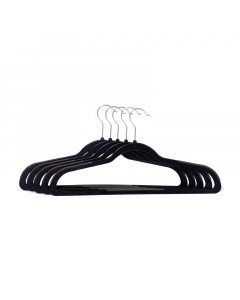 A set of 5 black plastic clothes hangers