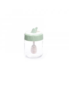 Green honey jar with lid and spoon