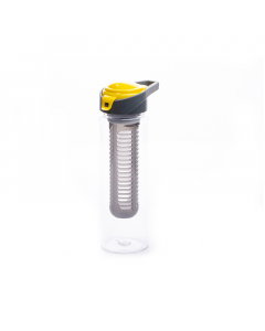 Gray water bottle with plastic lid and strainer