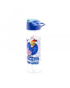 A plastic water bottle decorated with a blue straw