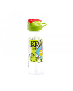 A plastic water bottle decorated with a green straw