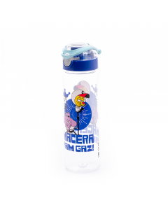 Water bottle decorated with a blue plastic cap