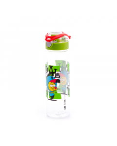 A water bottle decorated with a green plastic cap