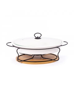 Round white heater with a wooden base, size 14.5