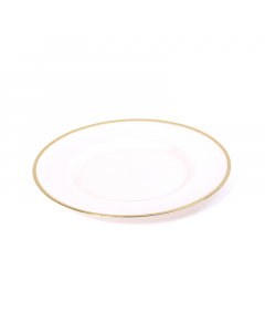 White glass dish with a gold rim