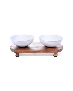White serving plate, 2 squares, with a wooden base
