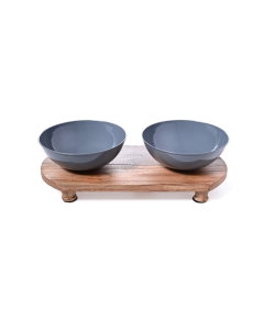 Gray serving plate, 2 squares, with a wooden base