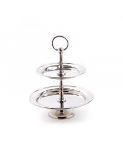 A silver circular serving scarf in the middle of two floors