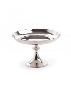 A large silver circular serving scarf with a base