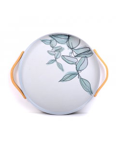 Serving tray with green designs - with wooden handle