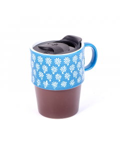 Porcelain mug with a brown-blue lid